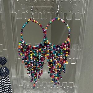 Handmade Multicolor Seed Bead Fringe Hoop Earrings - Women Jewelry